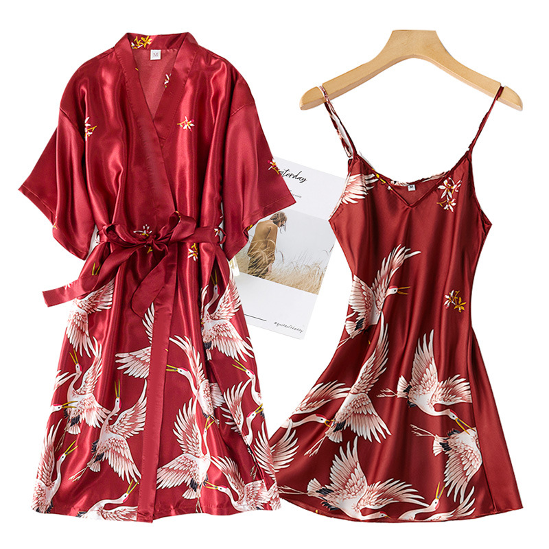 Burgundy Women 2PCS Faux Silk  - Robe Silk Women review and price